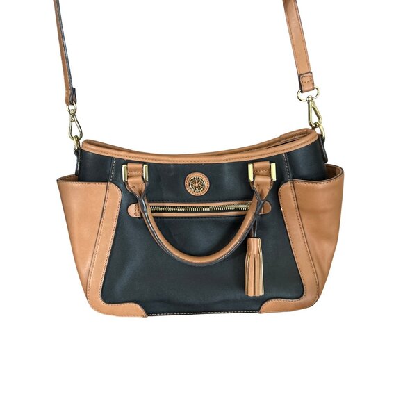 Kate Landry Black & Tan Satchel Handbag With Tassel Accent Crossbody Strap - Picture 2 of 11
